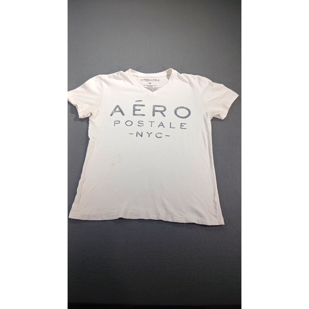 Aeropostal Womens S White Graphic Tee NYC Spellout Shirt Y2K V Neck 100% Cotton